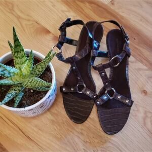 Leather Crocodile Embossed Dress Shoes Size 10 Gladiator Harness Strappy Heels